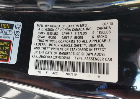 2015 Honda Civic Si z USA, uszkodzony, nr VIN 2HGFG4A52FH706948